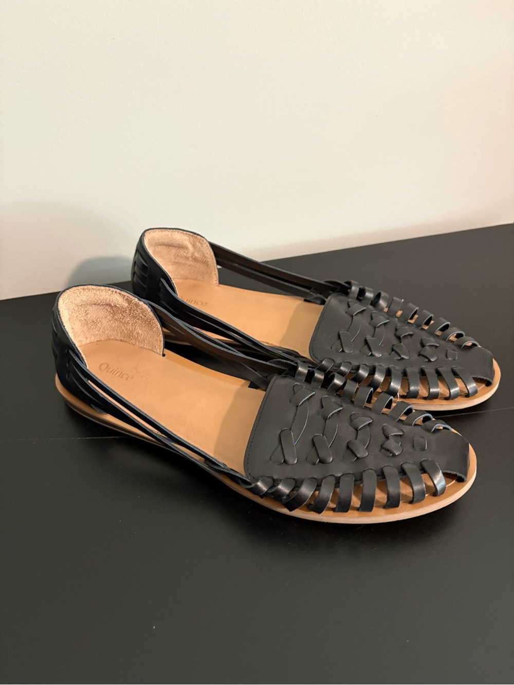 Quince Black Woven Leather Huarache Flats